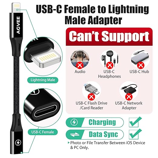 AGVEE 4 inch USB-C Female to Lightning Male Adapter, 30W Fast Charging Charger - Image 2