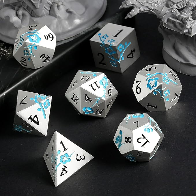 Glow in The Dark Flower Metal Dice, DNDND 7 PCS Blue Metallic D&D Dice Set - Image 6
