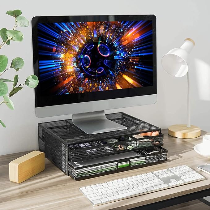 Computer Monitor Stands with Drawers, Metal Mesh Desktop Monitor Riser - Image 2
