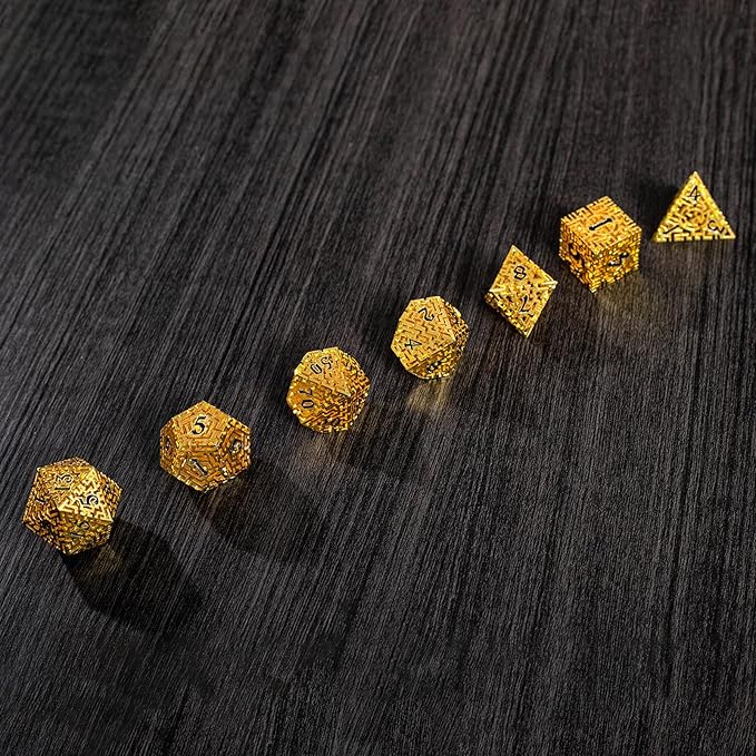 Golden Metal Hollow DND Dice Set Metallic Luster Maze Design - Image 9