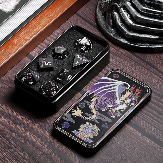 Glitter Purple Metal D&D Dice, DNDND 7 PCS Flower Metallic DND Dice Set - Image 4