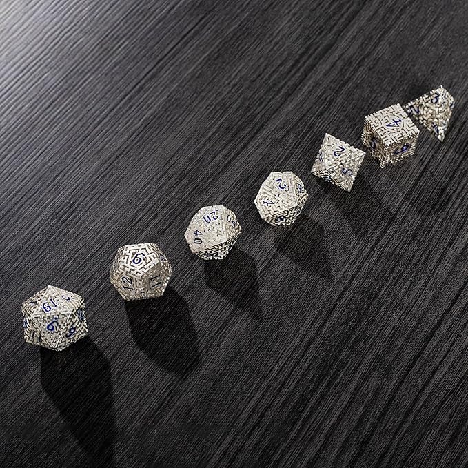 Silver Metal Hollow DND Dice Set Metallic Luster Maze Design - Image 9