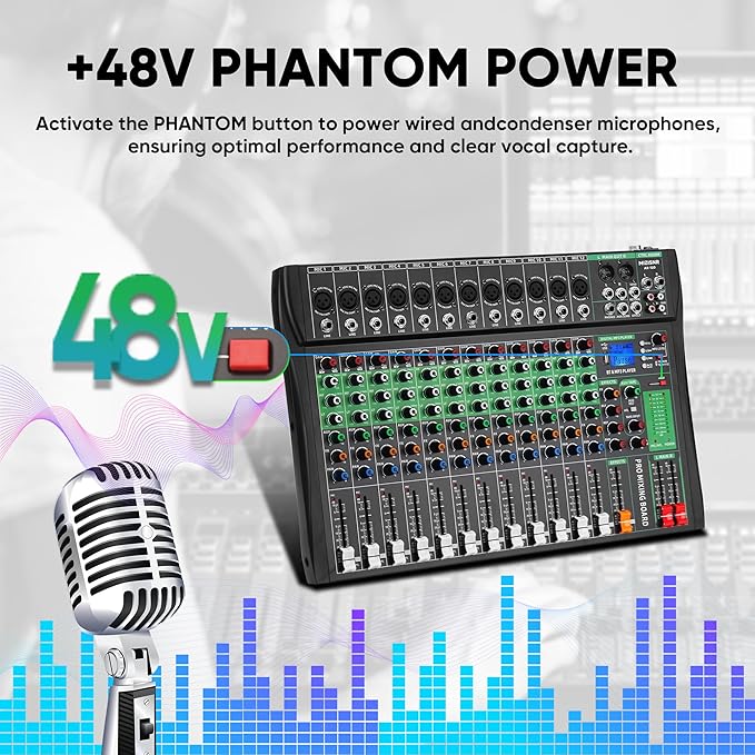 12 Channel Audio Mixer, Professional DJ Mixer Board Sound Music Mixing Console - Image 6