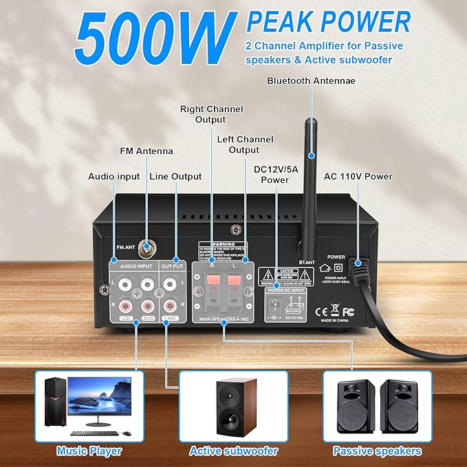 Romica Stereo Audio Amplifier, 2 Channel 500W Bluetooth 5.0 Home Theater Power - Image 3