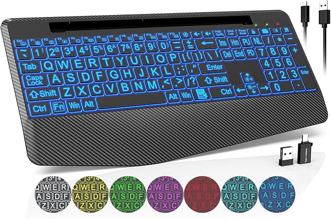 Wireless Keyboard with 7 Colored Backlits, Wrist Rest, Phone Holder, by Trueque
