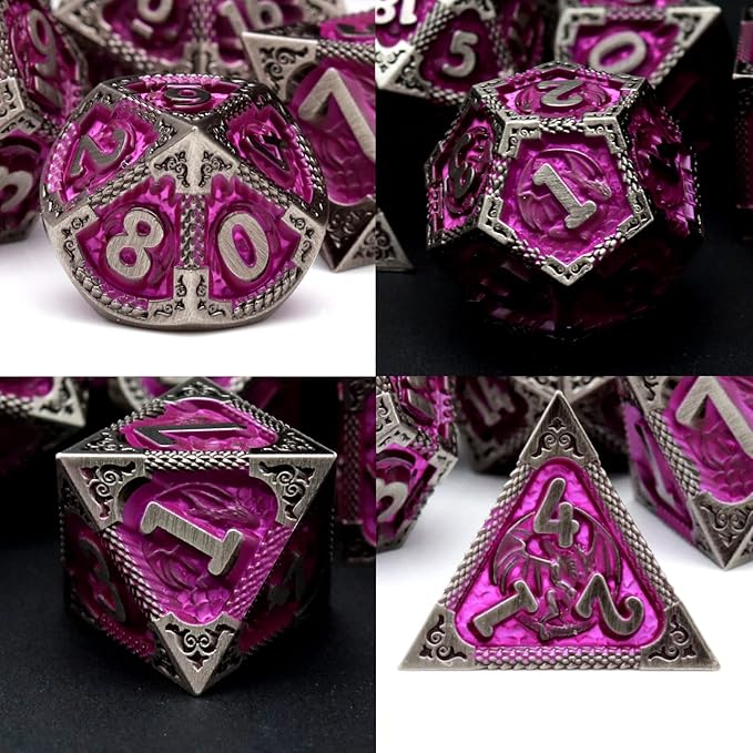 PJOY Metal DND Dice Set with Dice Case Antique Silver Purple Dragon D&D - Image 2