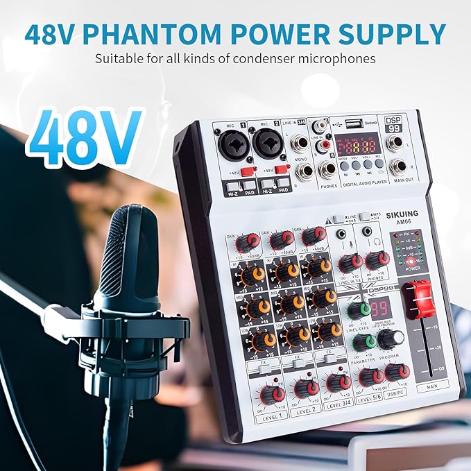 6 Channel Audio Mixer Professional Sound Board Console w/99 DSP Effects 48V - Image 3