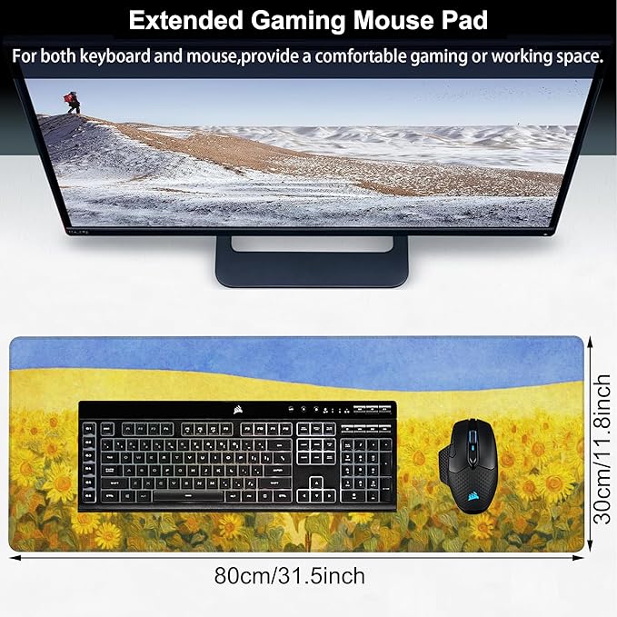 Field of Sunflowers Desk Mat, Large Sunflower Oil Painting Gaming Keyboard - Image 2