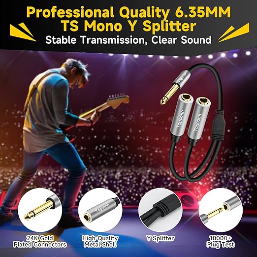 1/4 inch TS Mono Splitter Y Adapter, 6.35mm Mono Male to Dual 6.35 mm TS Mono - Image 2