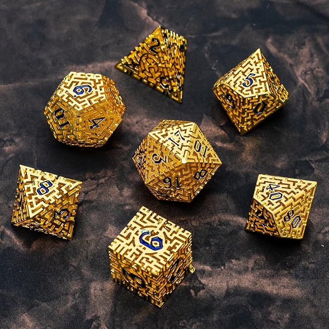Golden Metal Hollow DND Dice Set Metallic Luster Maze Design - Image 8