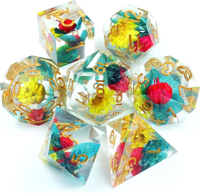 Haxtec Flower Sharp Edge Dice Resin DND Dice Set 7PCS Yellow Blue Red - Image 8