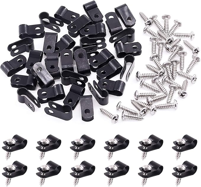 Swpeet 120 Pack Black 1/4 Inch Nylon Plastic R-Type Cable Clips Clamp Kit by Swpeet