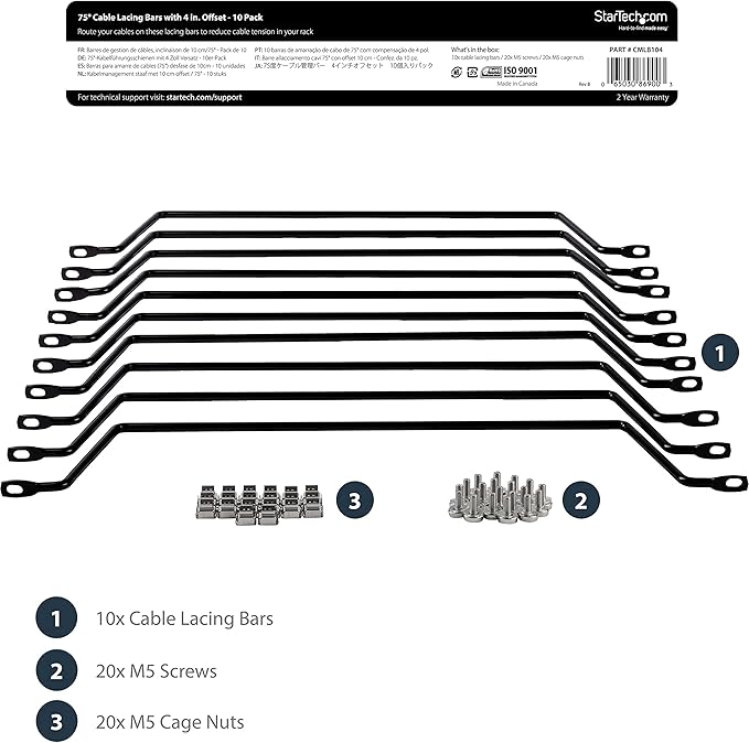 StarTech.com Horizontal Lacing Bar w/ 4 inch Offset at 75 Degrees- Server Rack - Image 2