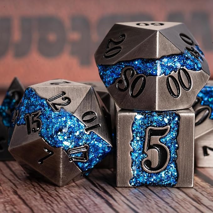 Metal DND Polyhedral Dice, Large Stripe Glitter Metallic Dice Set, Antique - Image 6