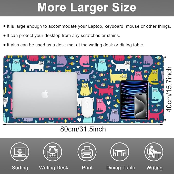 Mouse Pad, Large Cartoon Cats and Fish Desk Mat, Extended Non-Slip Gaming - Image 2