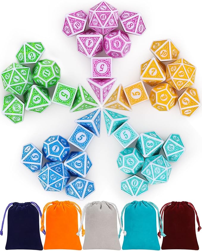 CiaraQ DND Dice with 5 Pouches, 5 Sets of Retro Polyhedral Dice by CiaraQ