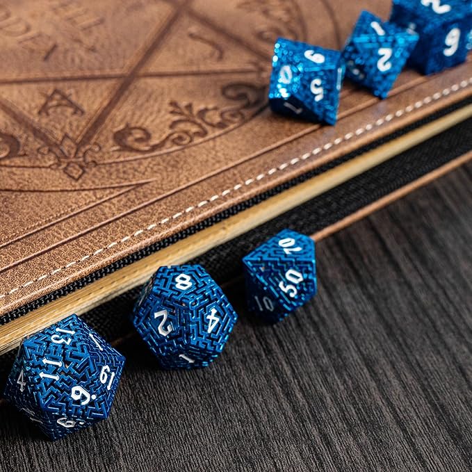 Blue Metal Hollow DND Dice Set Metallic Luster Maze Design - Image 7