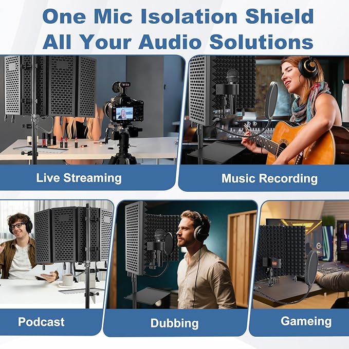 Studio Microphone Stand with Isolation Shield & Pop Filter, 5-Sided Tri-Layer - Image 7