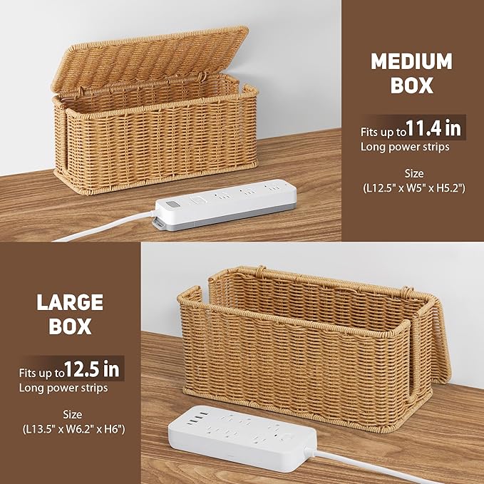 2Pack Large Cable Management Box Black, Handwoven Imitation Rattan Cord - Image 5