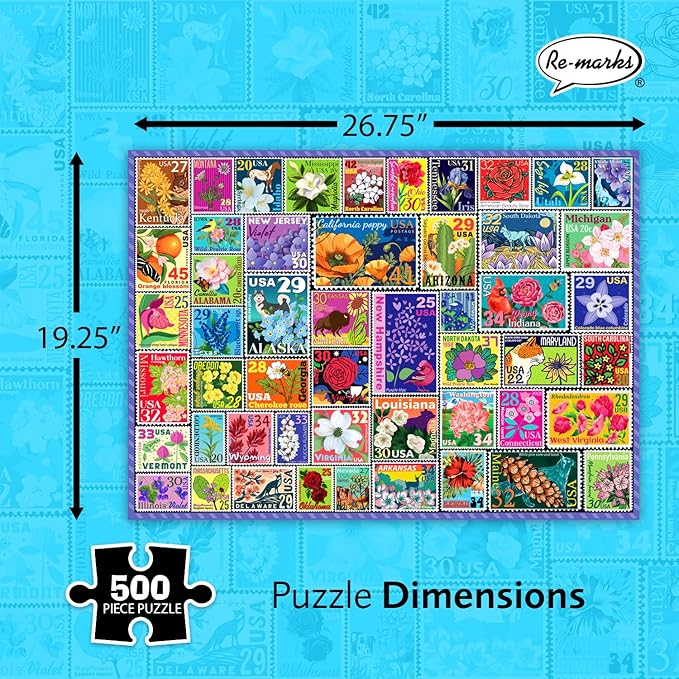 Re-marks State Flowers Stamp Collage Jigsaw Puzzle, 500 Large Piece Jigsaw - Image 3