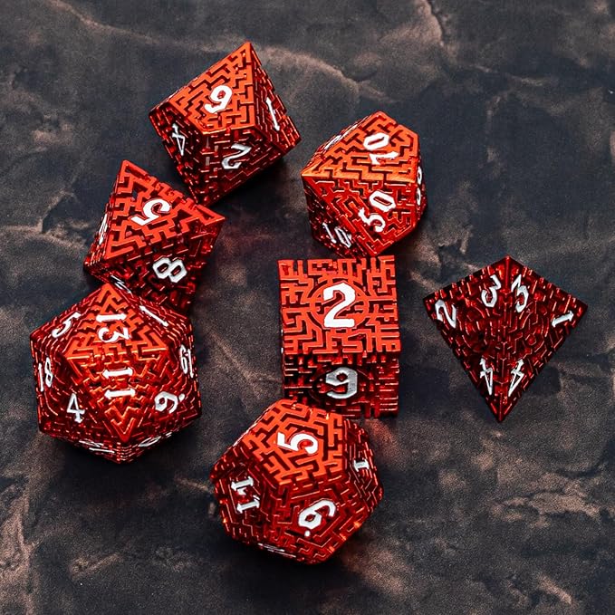 Red Metal Hollow DND Dice Set Metallic Luster Maze Design - Image 8