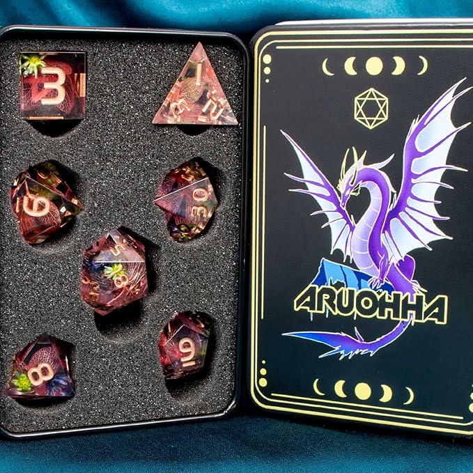 ARUOHHA DND Resin Dice Translucent Pink Leaf Sharp Edged Dragons Dice Set - Image 7