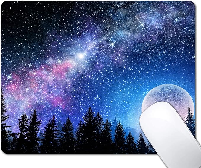 Beautiful Galaxy Nebula Mouse Pad, Full Moon in Night Forest Mouse Pad by EASTSMOOTH