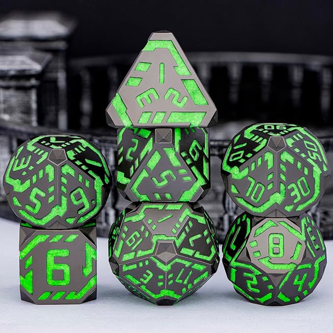 Metal DND Sci-fi Dice Set 7PCS Luminous Green Stripe Polyhedral Dice - Image 4