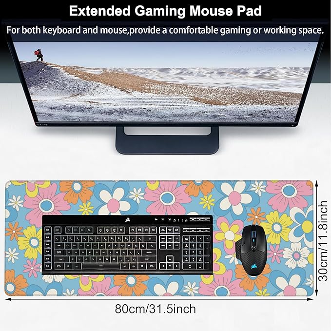 Colorful Retro Flowers Desk Mat, Large Cute Floral Gaming Keyboard Mouse Pad - Image 2