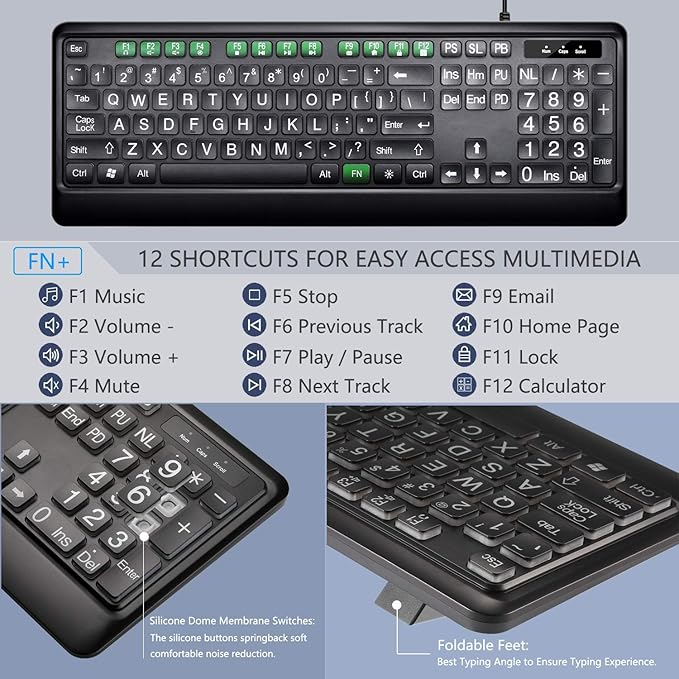 Large Print Backlit Keyboard, USB Wired Computer Keyboard, Full Size Keyboard - Image 3