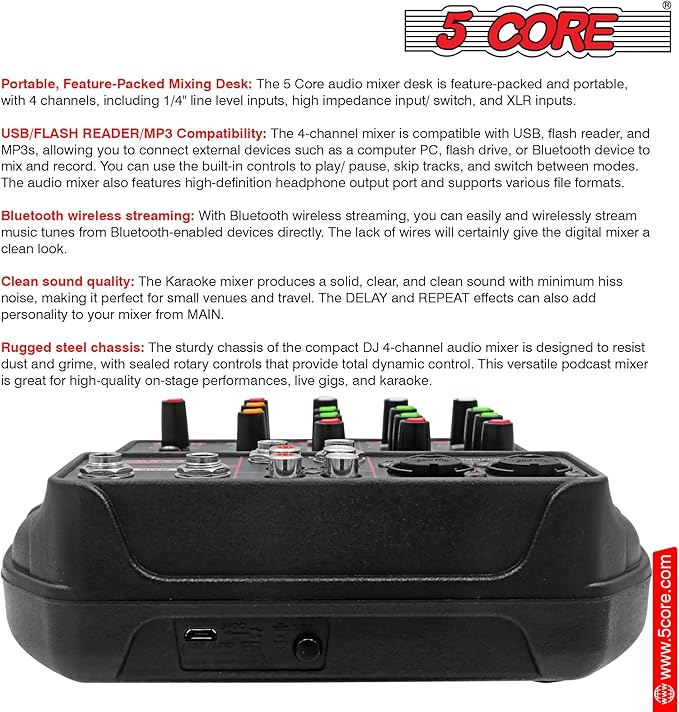 5 Core Audio Mixer 4 Channel DJ Mixing Board Small Bluetooth USB Analog - Image 9