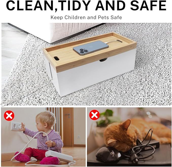 Bamboo Cable Management Box, Large Cord Organizer Box Cable Box to Hide Wires & - Image 4