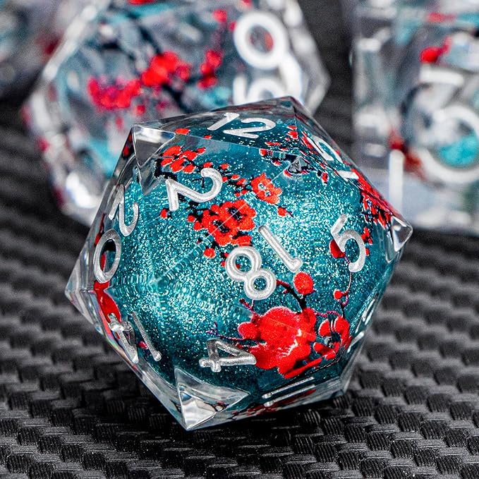 ARUOHHA DND Resin Dice Plum Blossom Liquid Core Dice Silver Blue Sharp Edged - Image 3