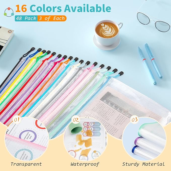 Umriox 48pcs Mesh Zipper Pouch Bags, A4 Size 16 Color Zipper Bags - Image 2