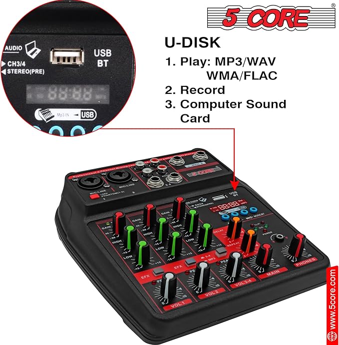 5 Core Audio Mixer 4 Channel DJ Mixing Board Small Bluetooth USB Analog - Image 4