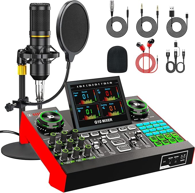 Podcast Microphone Bundle with Live Sound Card Audio Mixer, Podcast Equipment by tenlamp