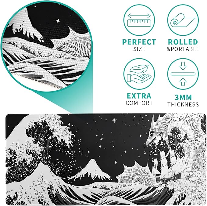 Black and White Japanese Wave Dragon Gaming Mouse Pad - Image 5