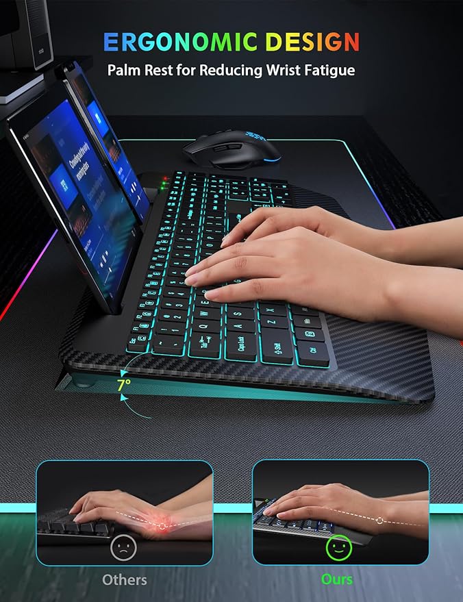 Wireless Keyboard and Mouse Backlits, Wrist Rest, LED Mouse, Rechargeable - Image 3