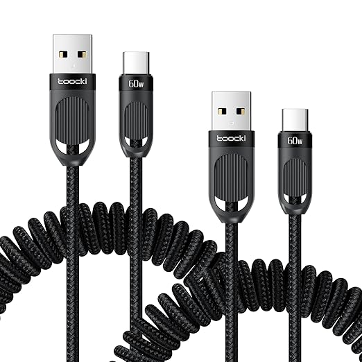 Coiled USB A to USB C 2Pack 3FT Braided Retractable Fast Charging Cable by toocki