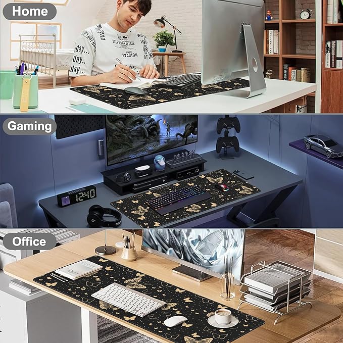 Golden Butterflies Desk Mat, Large Butterfly and Round Spots Gaming Keyboard - Image 7