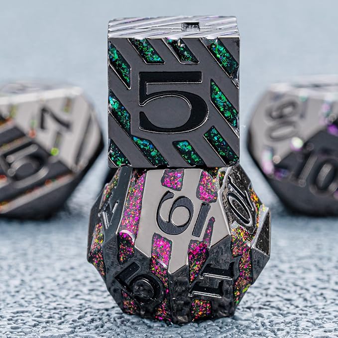 Metallic Glitter Stripes D&D Dice Set, DND Metal Dice - Image 4