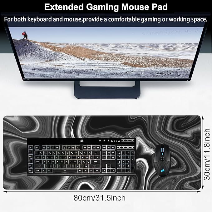 Black and White Marble Desk Mat, Large Marble Ink Texture Gaming Keyboard Mouse - Image 2