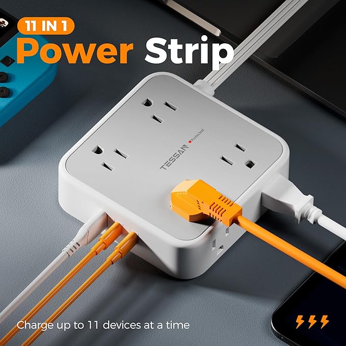 Surge Protector Power Strip, TESSAN Flat Plug Extension Cord - Image 2
