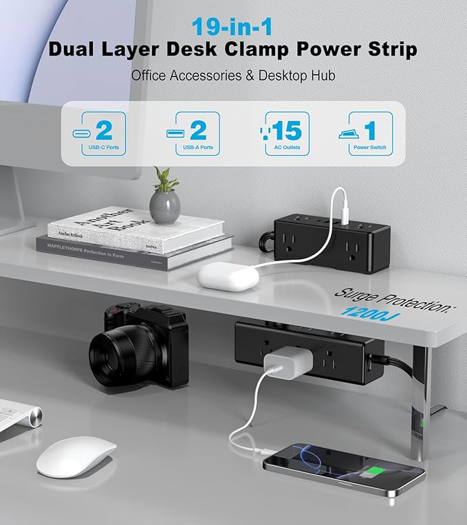 Dual Layer Desk Clamp Power Strip, Under Desk Power Strip - Image 2