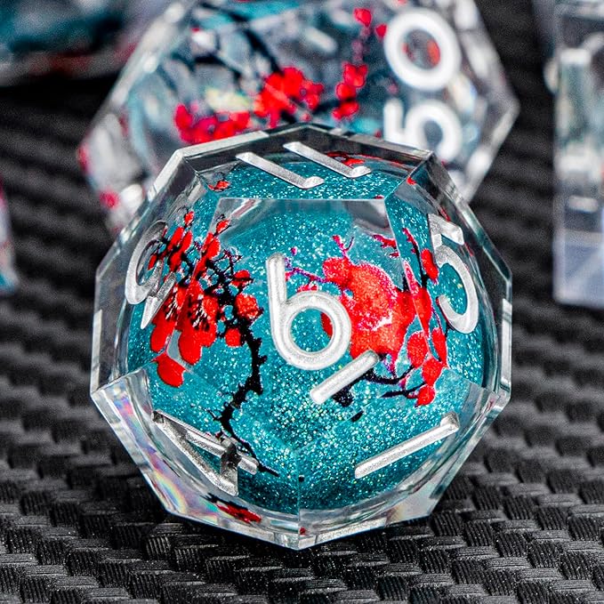 ARUOHHA DND Resin Dice Plum Blossom Liquid Core Dice Silver Blue Sharp Edged - Image 4