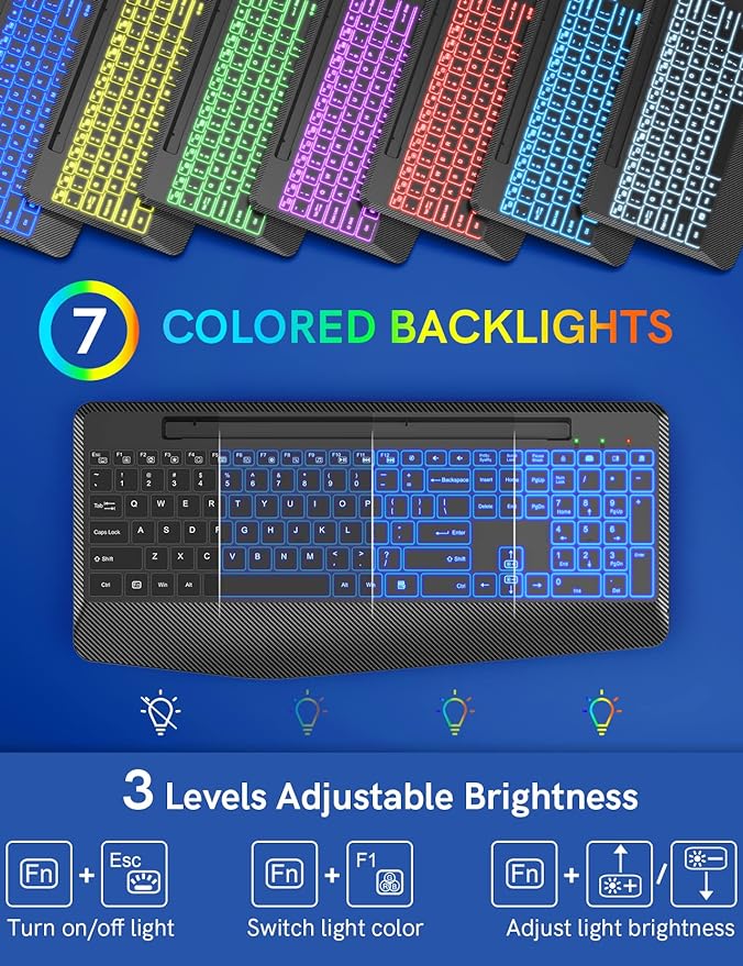 Wireless Keyboard with 7 Colored Backlits, Wrist Rest, Phone Holder, - Image 2