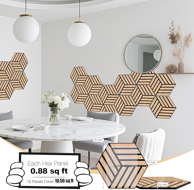 Mollywell Hexagon Acoustic Panels, Natural Oak TH4, 12 Pack |Wood Veneer|High - Image 2