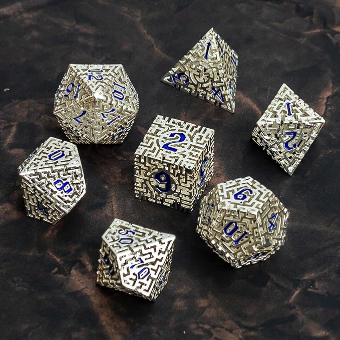 Silver Metal Hollow DND Dice Set Metallic Luster Maze Design - Image 8