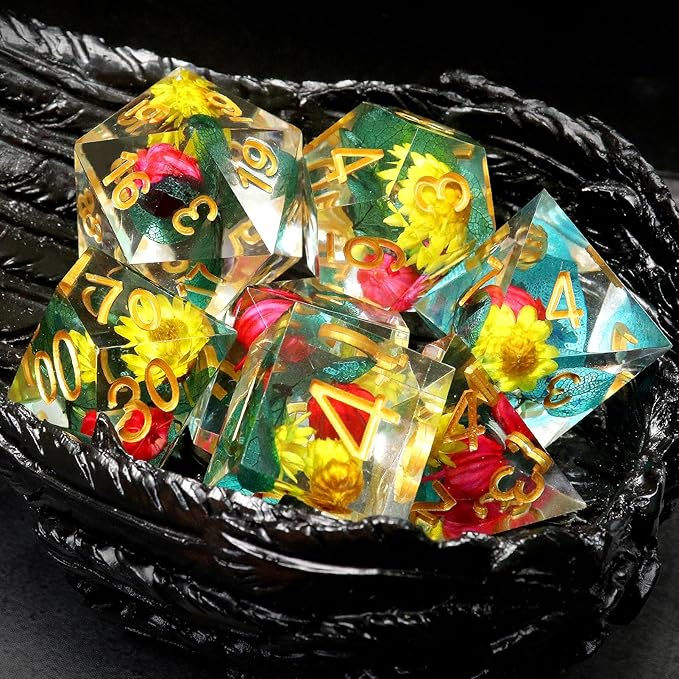 Haxtec Flower Sharp Edge Dice Resin DND Dice Set 7PCS Yellow Blue Red - Image 7