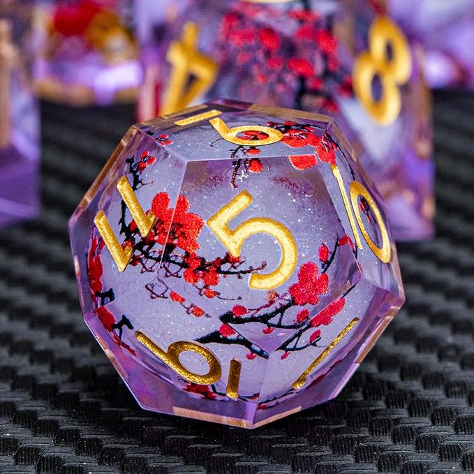 ARUOHHA DND Resin Dice Plum Blossom Liquid Core Golden Purple Sharp Edged - Image 4